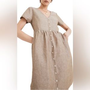 V-Neck Button Front Linen Blend Minidress